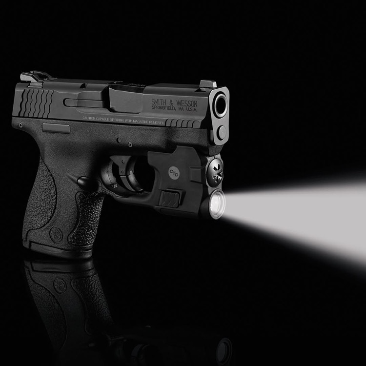 S&Wハンドガンにライトを装着して照射している様子