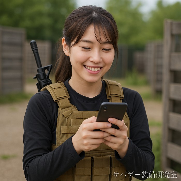 休憩中にスマホでサバゲー女子のInstagramをチェックする様子