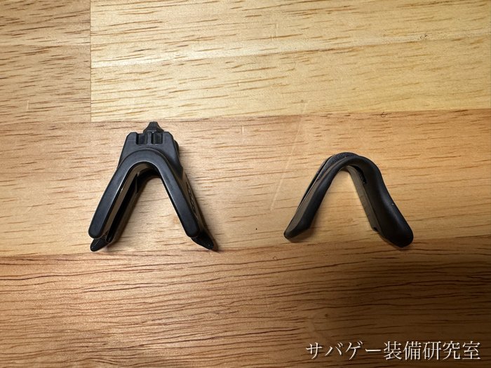 アジアンフィット ノーズクリップ ハイ（左）と標準のノーズピース（右）
