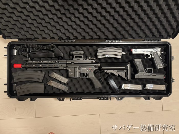 HK416 デルタカスタムとハンドガン2丁・予備マガジン8本・スリングをMILITARY-BASE ワイドライフル ハードケースに入れたところ