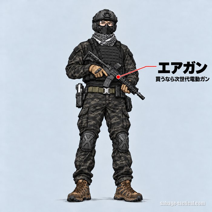 エアガン=買うなら次世代電動ガン。HK416 デルタカスタムを構えたサバゲーのフル装備のイラスト