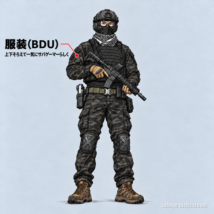 服装(BDU)=上下そろえて一気にサバゲーマーらしく。迷彩の戦闘服を着たサバゲーのフル装備のイラスト