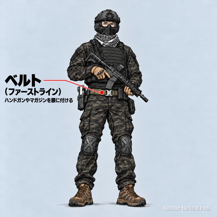 ベルト(ファーストライン)=ハンドガンやマガジンを腰に付ける。デューティーベルトを締めたサバゲーのフル装備のイラスト