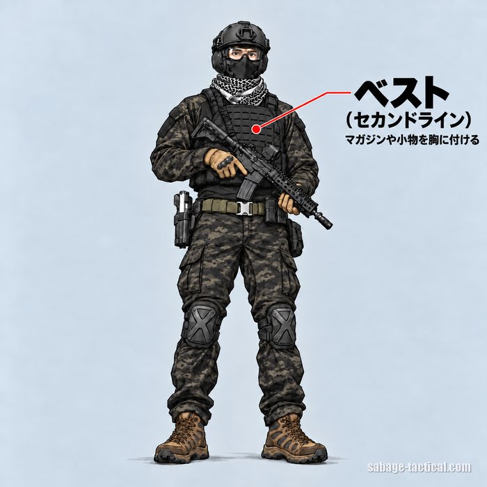 ベスト(セカンドライン)=マガジンや小物を胸に付けるプレートキャリアを着た、サバゲーのフル装備のイラスト
